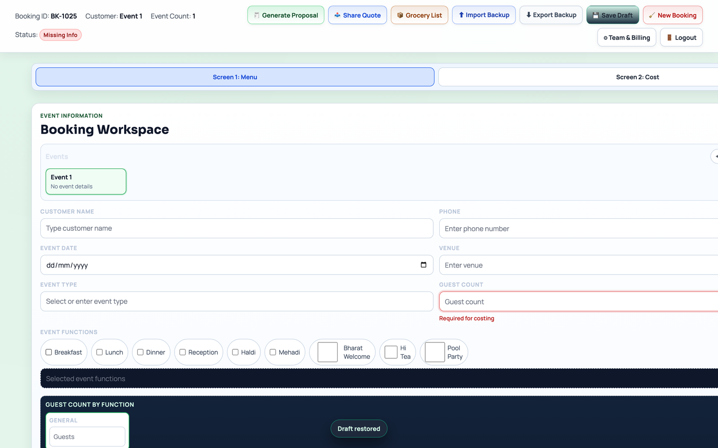 Menu Costing dashboard screenshot